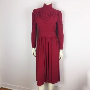 Vintage high neck smocked midi dress maroon red